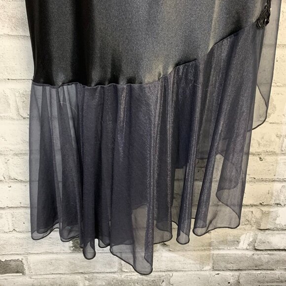 Vintage 90s Black Satin Asymmetric Sheer Ruffle Hem Maxi Slip Dress - Picture 5 of 14